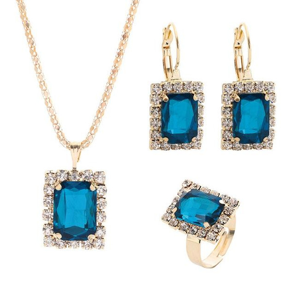 Square Crystal Necklace Earrings Ring - Women Jewelry Sets(Lake Blue)