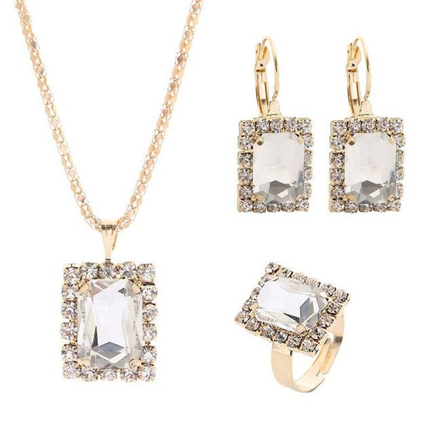 Square Crystal Necklace Earrings Ring - Women Jewelry Sets(White)