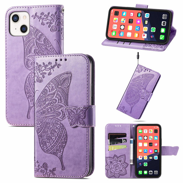 Butterfly Love Flower Embossed Horizontal Flip Leatherette Case with Bracket / Card Slot / Wallet / Lanyard - iPhone 13(Light Purple)