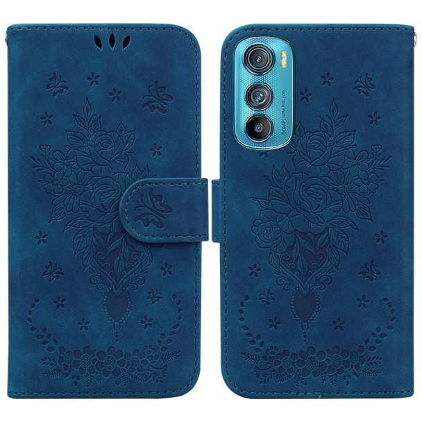 Motorola Edge 30 Butterfly Rose Embossed Leather Phone Case(Blue)