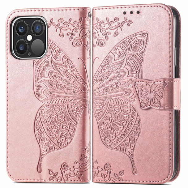 Butterfly Love Flower Embossed Horizontal Flip Leatherette Case with Bracket / Card Slot / Wallet / Lanyard - iPhone 13 Pro(Rose Gold)