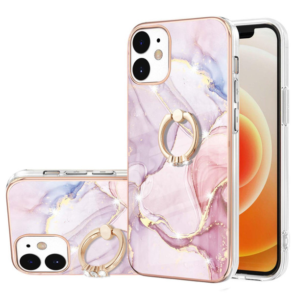 Electroplating Marble Pattern IMD TPU Shockproof Case with Ring Holder - iPhone 12 / 12 Pro(Rose Gold 005)