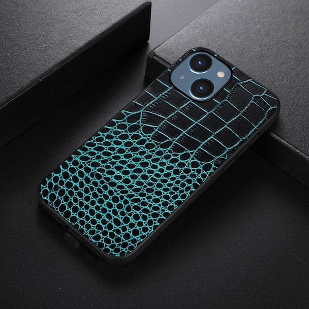 Crocodile Top Layer Cowhide Leatherette Case - iPhone 14 (Cyan Blue)