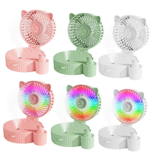 Folding Mini USB Fan Student Colorful Night Light Spray Humidified Fan, Style: Colorful Model (Green)