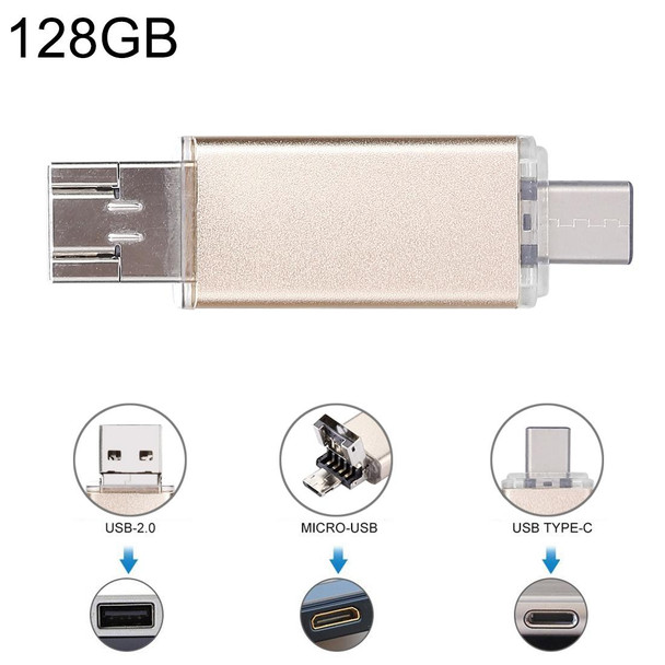 128GB 3 in 1 USB-C / Type-C + USB 2.0 + OTG Flash Disk, - Type-C Smartphones & PC Computer(Gold)