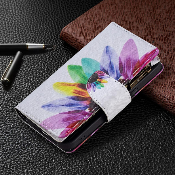 Colored Drawing Pattern Zipper Horizontal Flip Leatherette Case with Holder & Card Slots & Wallet - iPhone 13 Pro(Sun Flower)