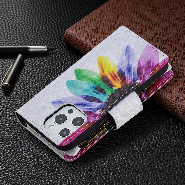 Colored Drawing Pattern Zipper Horizontal Flip Leatherette Case with Holder & Card Slots & Wallet - iPhone 13 Pro(Sun Flower)