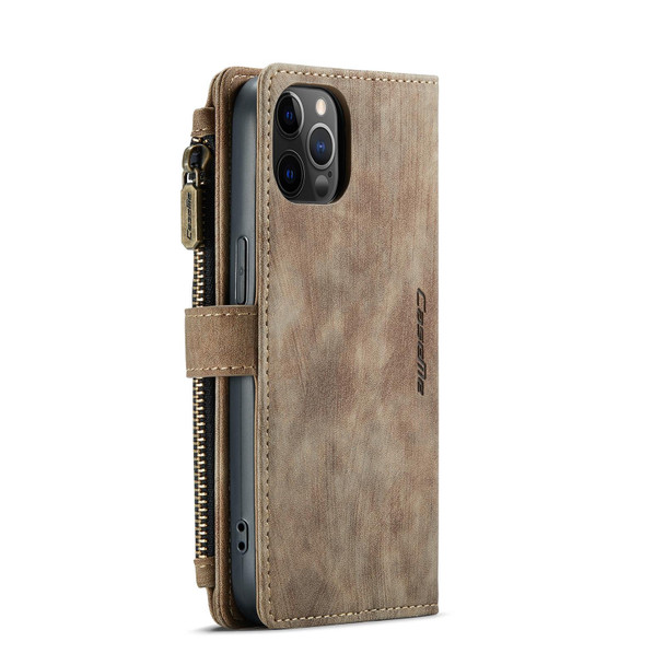 CaseMe-C30 PU + TPU Multifunctional Horizontal Flip Leatherette Case with Holder & Card Slot & Wallet & Zipper Pocket - iPhone 12 / 12 Pro(Brown)