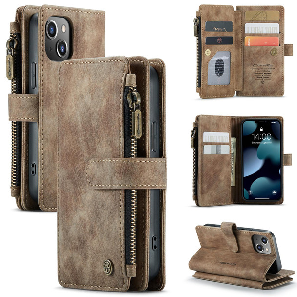 CaseMe-C30 PU + TPU Multifunctional Horizontal Flip Leatherette Case with Holder & Card Slot & Wallet & Zipper Pocket - iPhone 13 mini(Brown)