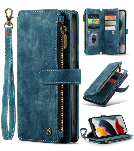 CaseMe-C30 PU + TPU Multifunctional Horizontal Flip Leatherette Case with Holder & Card Slot & Wallet & Zipper Pocket - iPhone 13 Pro(Blue)