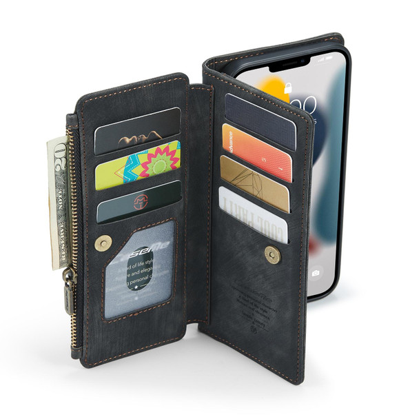 CaseMe-C30 PU + TPU Multifunctional Horizontal Flip Leatherette Case with Holder & Card Slot & Wallet & Zipper Pocket - iPhone 13 Pro(Black)