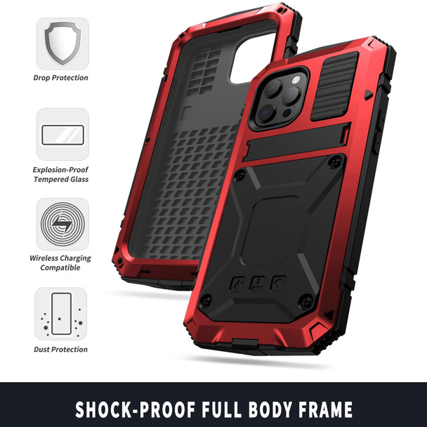 R-JUST Shockproof Waterproof Dust-proof Metal + Silicone Protective Case with Holder - iPhone 13 Pro(Red)