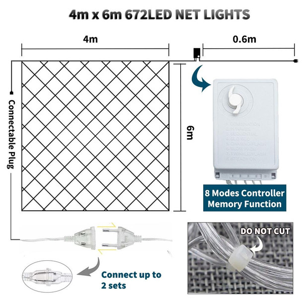 4x6m 672 LEDs Waterproof Fishing Net Lights Curtain String Lights Fairy Wedding Party Holiday Decoration Lamps 220V, EU Plug(White Light)