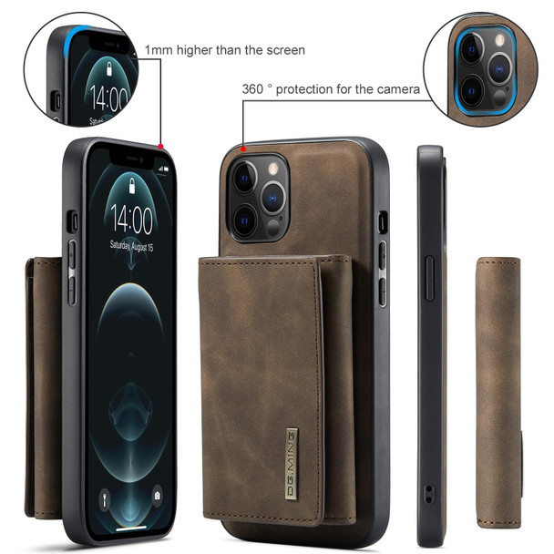 DG.MING M1 Series 3-Fold Multi Card Wallet + Magnetic Back Cover Shockproof Case with Holder Function - iPhone 12 / 12 Pro(Coffee)