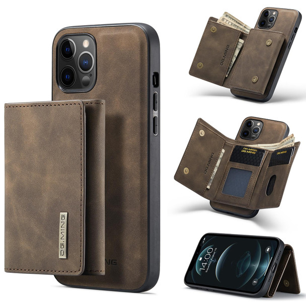 DG.MING M1 Series 3-Fold Multi Card Wallet + Magnetic Back Cover Shockproof Case with Holder Function - iPhone 12 / 12 Pro(Coffee)