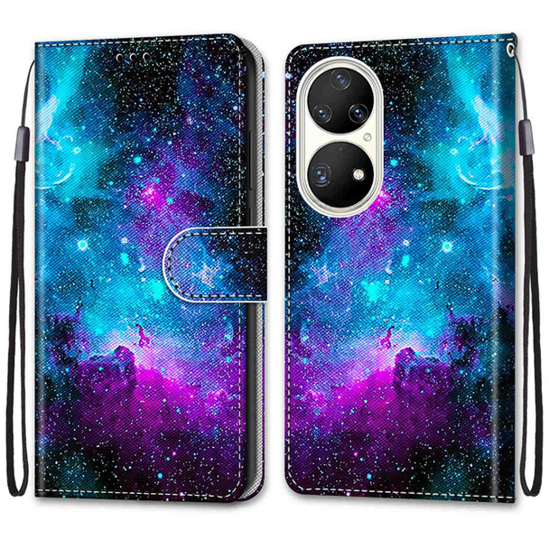 Huawei P50 Pro Coloured Drawing Cross Texture Horizontal Flip PU Leather Case with Holder & Card Slots & Wallet & Lanyard(Purple Green Starry Sky)