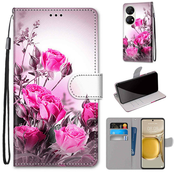 Huawei P50 Pro Coloured Drawing Cross Texture Horizontal Flip PU Leather Case with Holder & Card Slots & Wallet & Lanyard(Wild Rose)