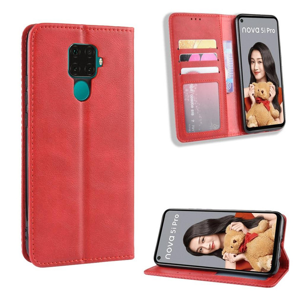 Magnetic Buckle Retro Crazy Horse Texture Horizontal Flip Leather Case for Huawei Nova 5i Pro / Mate 30 Lite, with Holder & Card Slots & Photo Frame(Red)