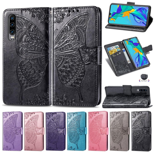 Butterfly Love Flowers Embossing Horizontal Flip Leatherette Case for Huawei P30, with Holder & Card Slots & Wallet & Lanyard (Rose Gold)