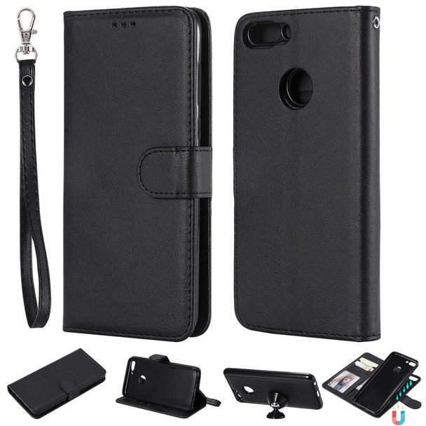 Huawei P Smart / Enjoy 7s Solid Color Horizontal Flip Protective Case with Holder & Card Slots & Wallet & Photo Frame & Lanyard(Black)