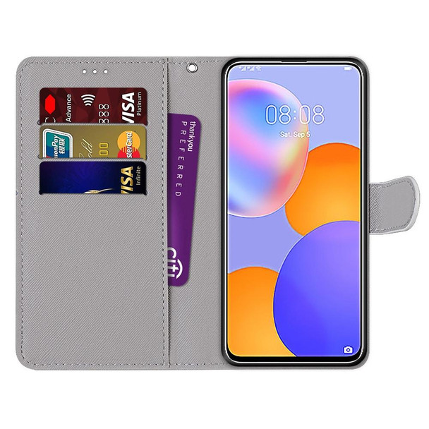 Huawei Y9a Coloured Drawing Cross Texture Horizontal Flip PU Leather Case with Holder & Card Slots & Wallet & Lanyard(Chrysanthemum Pink White Purple)