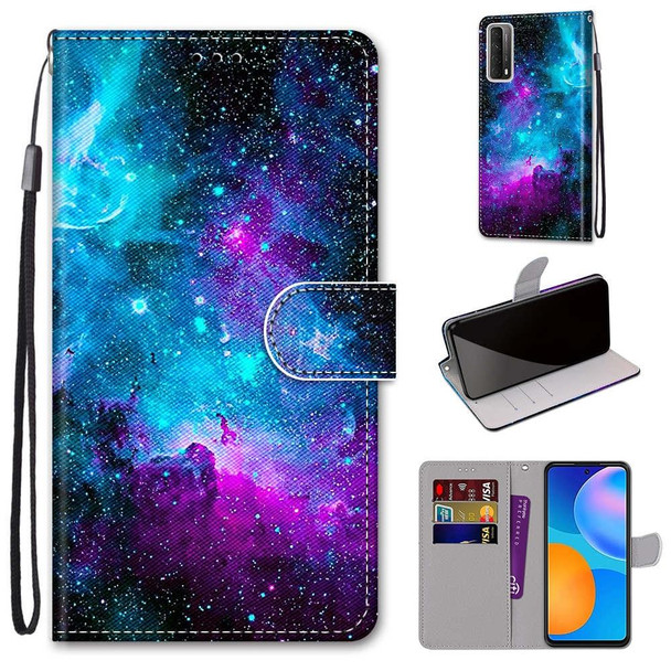 Huawei P smart 2021 / Y7a Coloured Drawing Cross Texture Horizontal Flip PU Leather Case with Holder & Card Slots & Wallet & Lanyard(Purple Green Starry Sky)