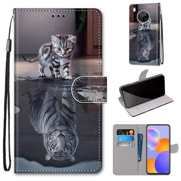 Huawei Y9a Coloured Drawing Cross Texture Horizontal Flip PU Leather Case with Holder & Card Slots & Wallet & Lanyard(Cat Becomes Tiger)