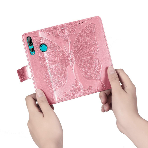 Butterfly Love Flowers Embossing Horizontal Flip Leatherette Case for Huawei Y9 Prime (2019), with Holder & Card Slots & Wallet & Lanyard(Pink)