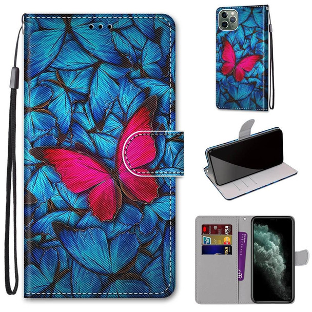 Coloured Drawing Cross Texture Horizontal Flip PU Leatherette Case with Holder & Card Slots & Wallet & Lanyard - iPhone 11 Pro Max(Blue Red Butterfly)