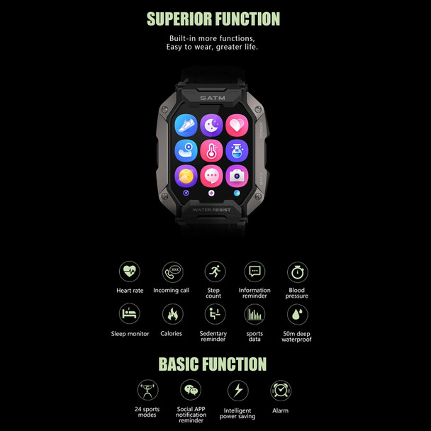 C20 1.71 inch TFT HD Screen Smart Watch, Support Heart Rate Monitoring/Blood Oxygen Monitoring(Black Camouflage)