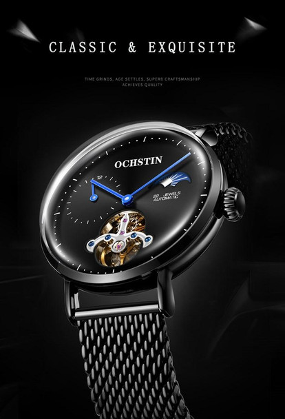 OCHSTIN 6121 Flywheel Mechanical Watch Fashion Hollow Full Automatic Mechanical Watch Business Men Watch Stainless Steel Watch  Waterproof Watch(Black)