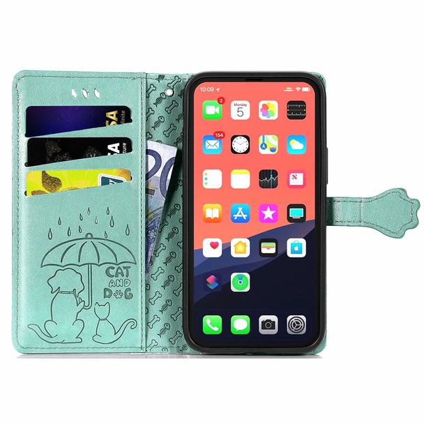 Cute Cat and Dog Embossed Horizontal Flip Leatherette Case with Holder & Card Slots & Wallet & Lanyard - iPhone 13 Pro(Green)