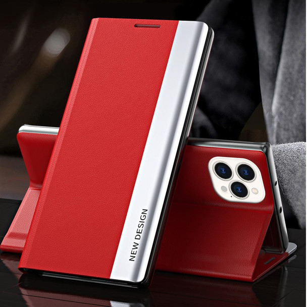 Side Electroplated Magnetic Ultra-Thin Horizontal Flip Leather Case with Holder - iPhone 13 Pro Max(Red)