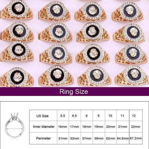 Hip Hop 18K Gold Plated Lion Head Rhinestone Ring for Men, US Size: 9, Inner Diameter: 19mm, Perimeter: 59mm(Gold)