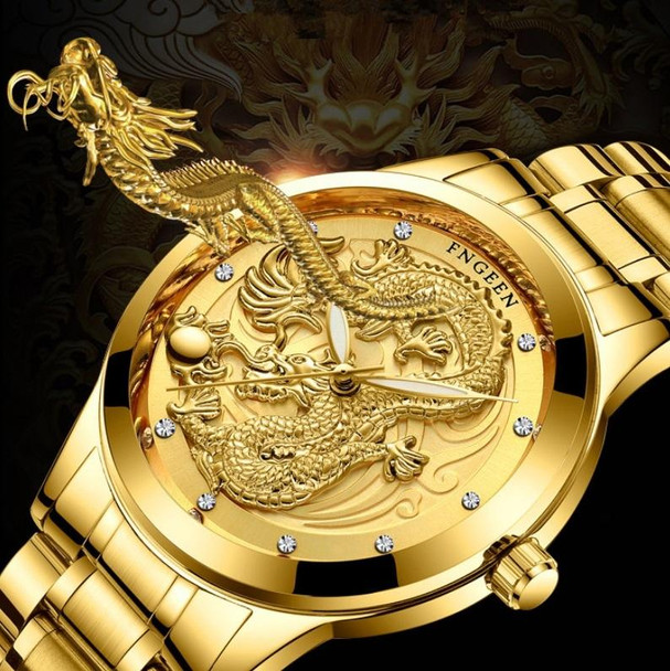 FNGEEN S666 Waterproof Luminous Watch Quartz Ultra-Thin Dragon Or Phoenix Pattern Couple Watch(Between Gold Black Surface)