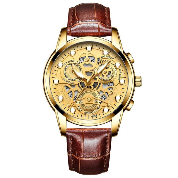 FNGEEN 4088 Men Hollow Quartz Watch Student Waterproof Luminous Watch(Brown Leatherette Full Golden Surface)