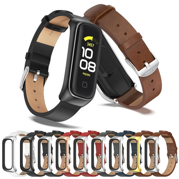 Samsung Galaxy Fit 2 MIJOBS Metal Case Microfiber Leather Watch Band(Brown Silver)