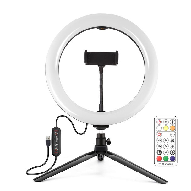 PULUZ 10.2 inch 26cm Marquee LED RGBWW Selfie Beauty Light + Desktop Tripod Mount 168 LED Dual-color Temperature Dimmable Ring Vlogging Photography Video Lights with Cold Shoe Tripod Ball Head & Remote Control & Phone Clamp(Black)