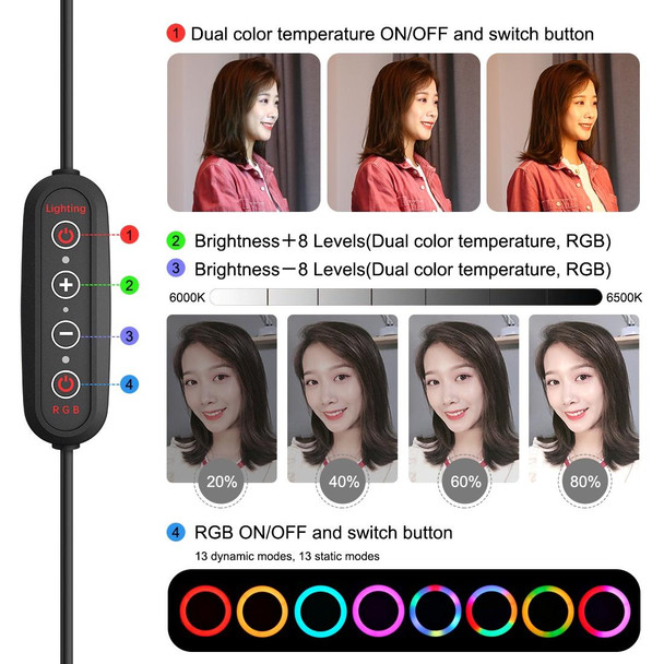 PULUZ 10.2 inch 26cm Marquee LED RGBWW Selfie Beauty Light + Desktop Tripod Mount 168 LED Dual-color Temperature Dimmable Ring Vlogging Photography Video Lights with Cold Shoe Tripod Ball Head & Remote Control & Phone Clamp(Black)