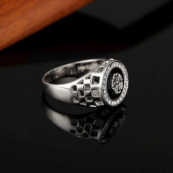 Hip Hop Platinum Plated Lion Head Rhinestone Ring for Men, US Size: 10, Inner Diameter: 20mm, Perimeter: 62mm(Silver)