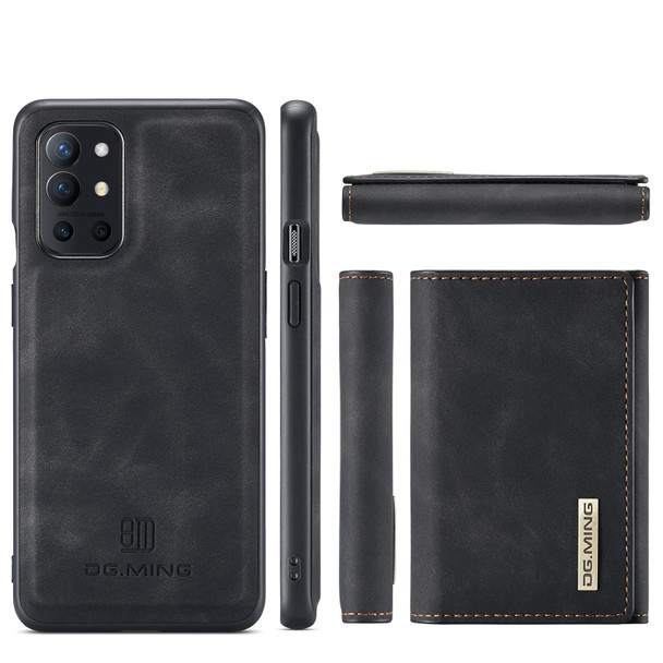 DG.MING M1 Series 3-Fold Multi Card Wallet + Magnetic Back Cover Shockproof Case with Holder Function - OnePlus 9R(Black)