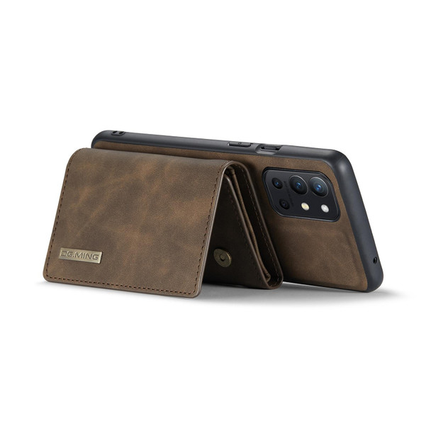 DG.MING M1 Series 3-Fold Multi Card Wallet + Magnetic Back Cover Shockproof Case with Holder Function - OnePlus 9R(Coffee)