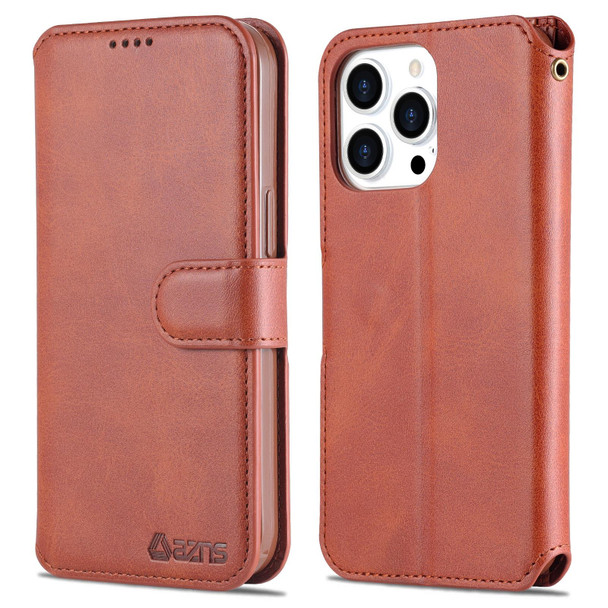 AZNS Calf Texture Flip Leatherette Phone Case - iPhone 14 Pro(Brown)