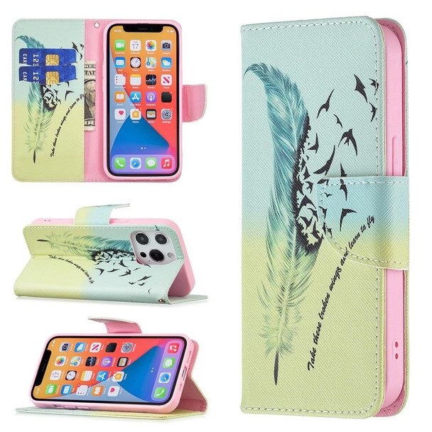 Colored Drawing Pattern Horizontal Flip Leatherette Case with Holder & Card Slots & Wallet - iPhone 13 Pro Max(Feather)