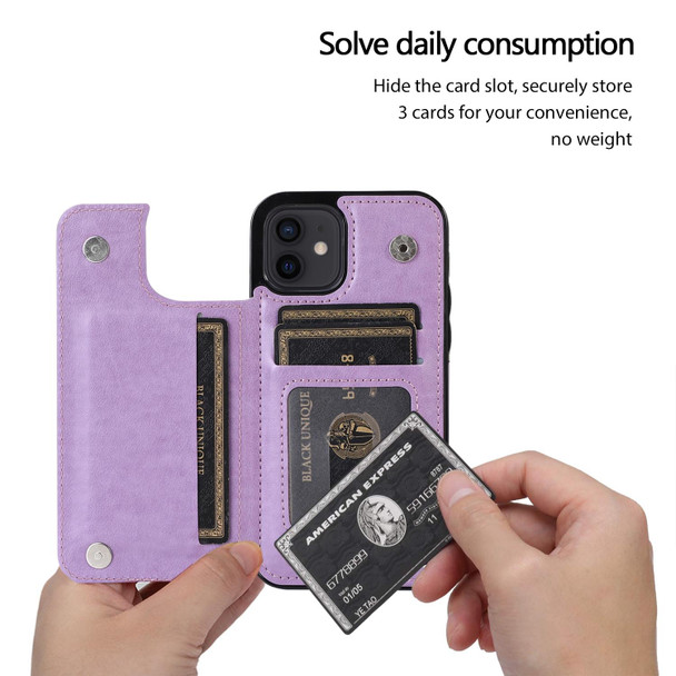 Butterflies Flowers Double Buckle PU + TPU Protective Case with Holder & Card Slots & Photo Frame - iPhone 12 mini(Purple)