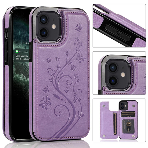 Butterflies Flowers Double Buckle PU + TPU Protective Case with Holder & Card Slots & Photo Frame - iPhone 12 mini(Purple)