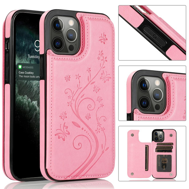 Butterflies Flowers Double Buckle PU + TPU Protective Case with Holder & Card Slots & Photo Frame - iPhone 12 Pro Max(Pink)