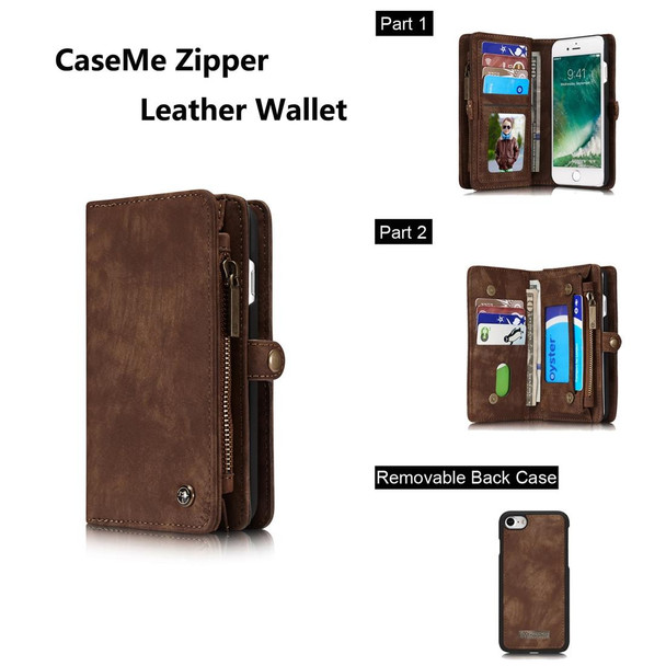 CaseMe for  iPhone 8 & 7  Multifunctional Leatherette Billfold with Detachable Magnetic PC Back Protective Case & Holder & 10 Card Slots & 3 Cash Slots & 1 Zipper Wallet & 2 Photo Frames & 3 Magnetic Clasps(Coffee)