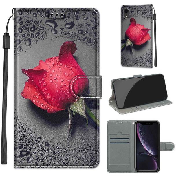 Voltage Colored Drawing Magnetic Clasp Horizontal Flip PU Leather Case with Holder & Card Slots - iPhone XR(C14 Black Water Drop Rose)