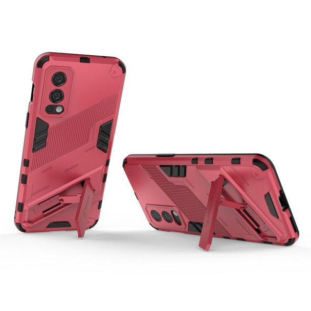 OnePlus Nord 2 5G Punk Armor 2 in 1 PC + TPU Shockproof Case with Invisible Holder(Light Red)